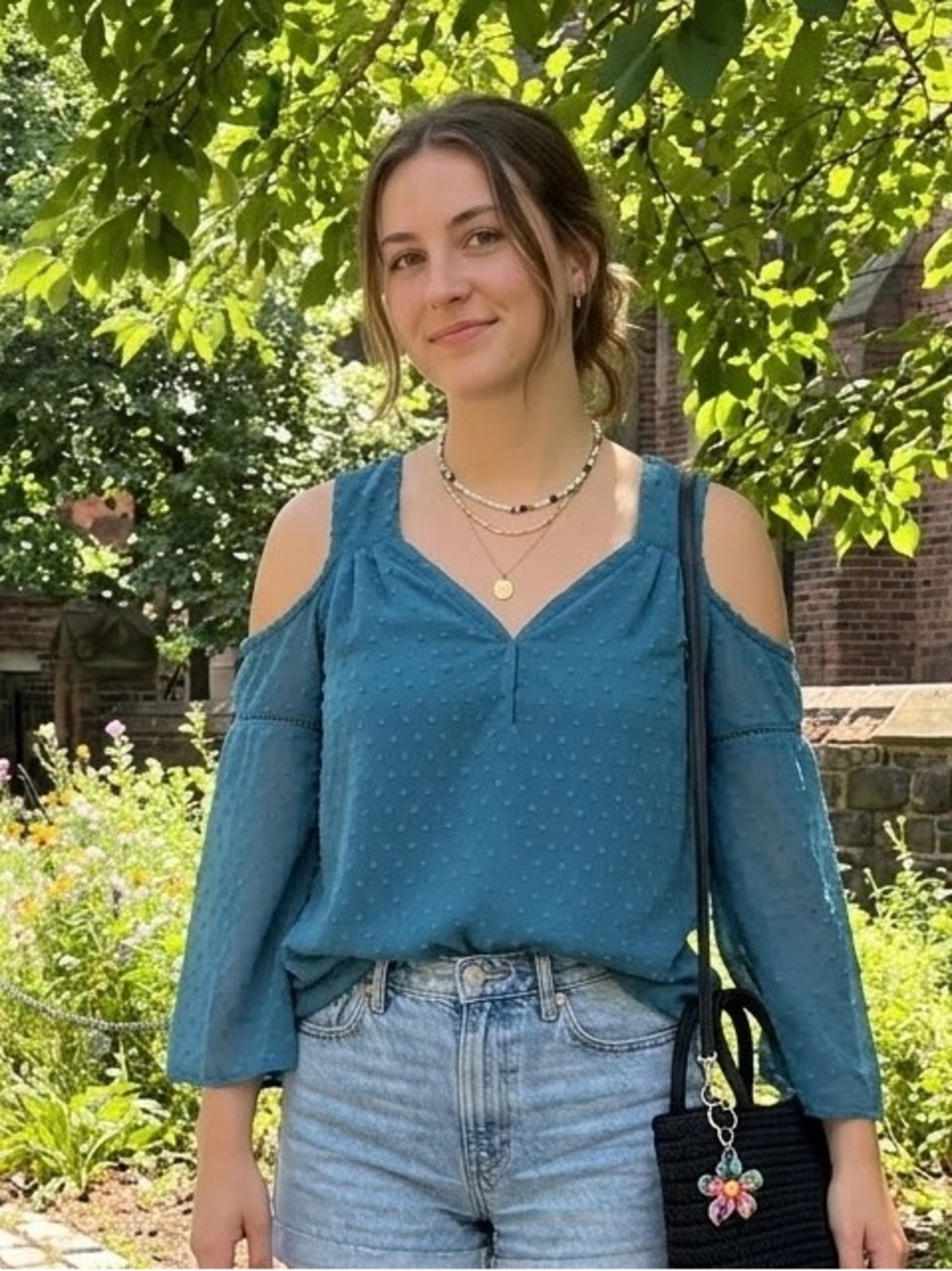 Kensie Teal Cold-Shoulder V-Neck Blouse